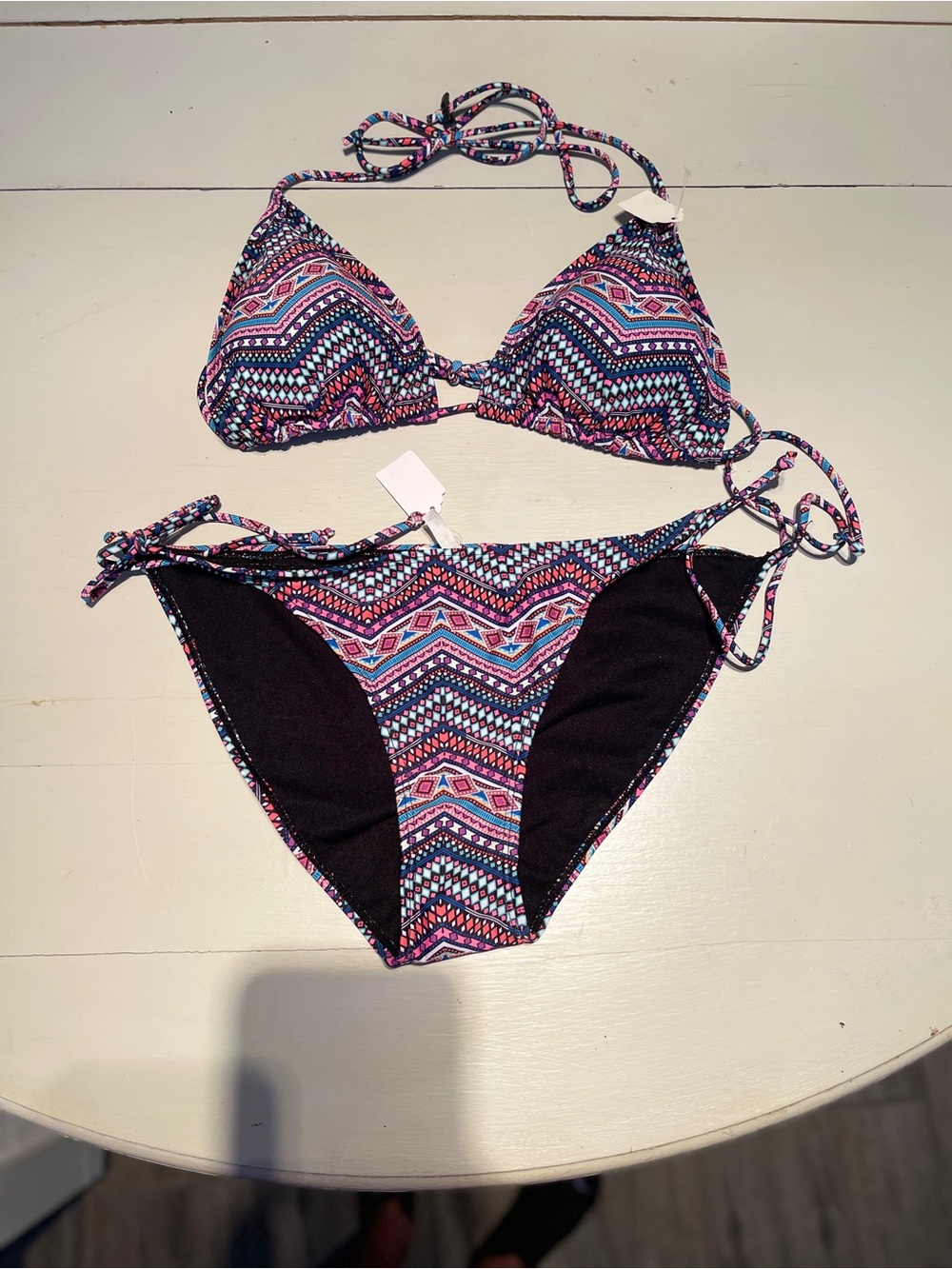 Printed Triangle Bikini Set - Pink & Blue Pattern